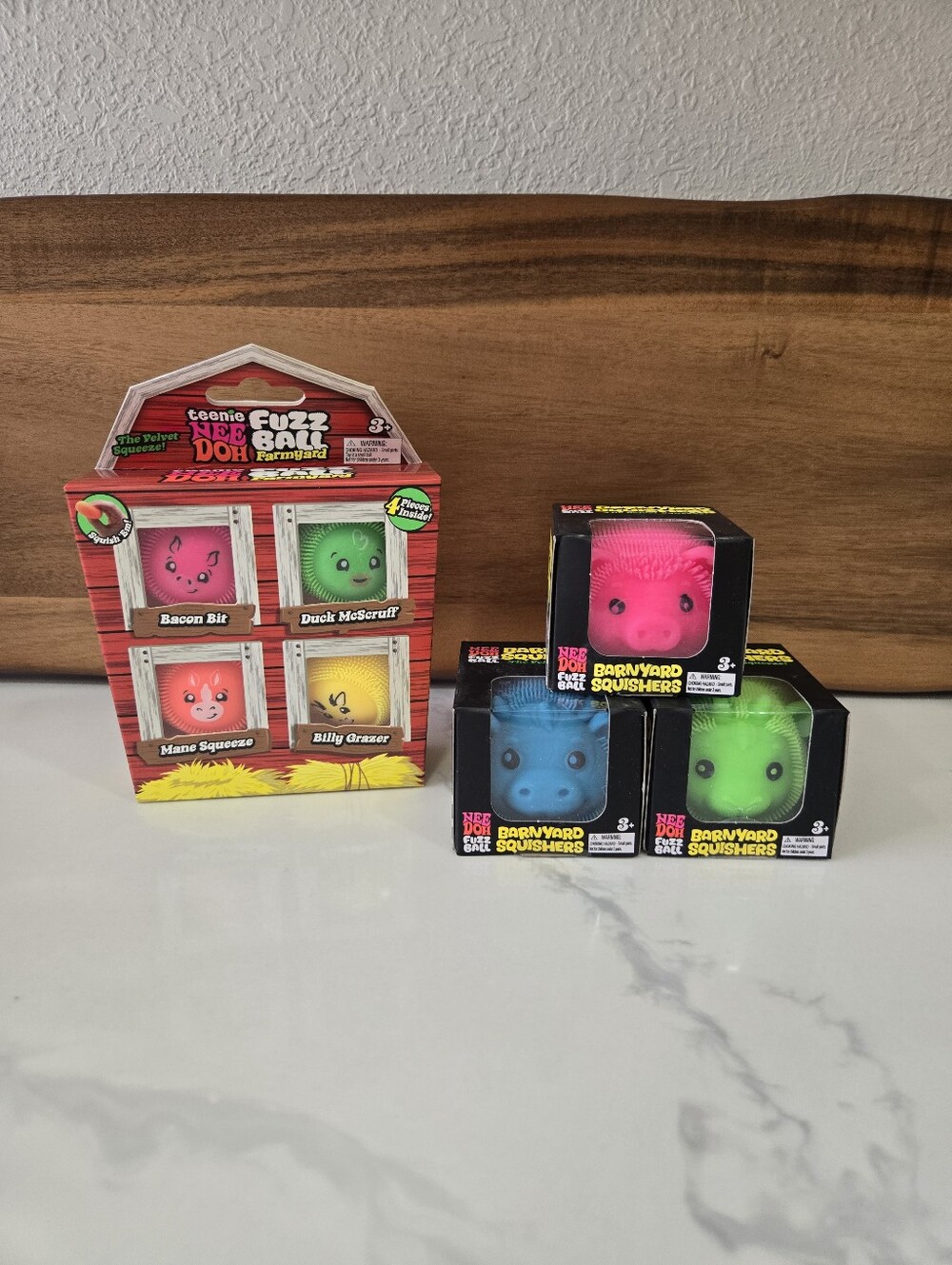 NeeDoh Fuzz Ball Barnyard Squishers Pink Pig Blue Cow Green Cow Teenie 4-Pack